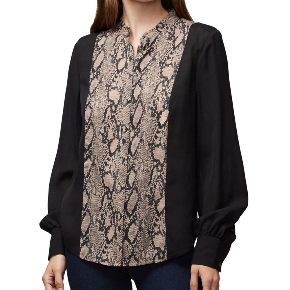 FRAME Black Colorblock Tan Snake Printed 100% Silk Blouse Button Front Size S